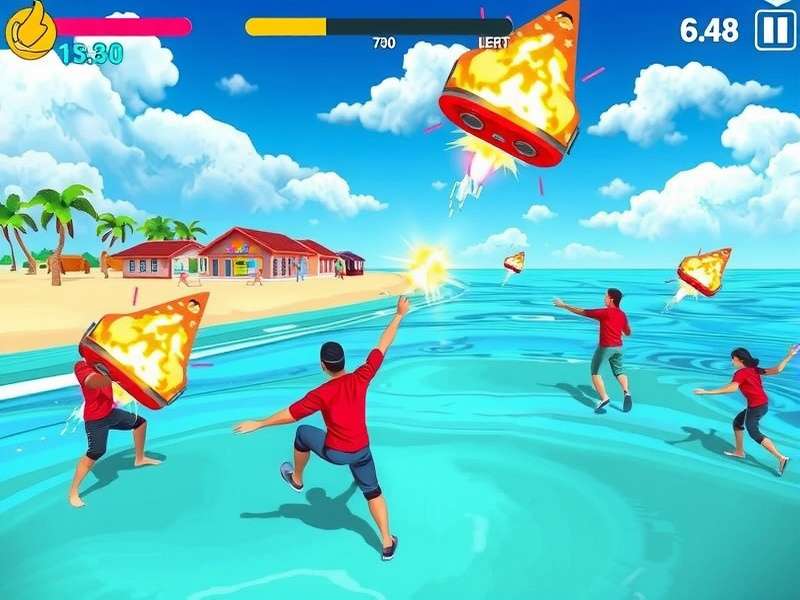 Beach Blaster Pro gameplay screenshot showing colorful beach environment with explosions